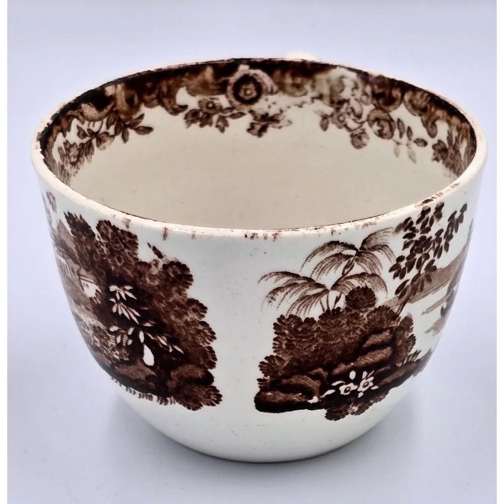 Antique Brown Transferware Tea Cup Chinoiserie Pagoda Landscape Scene White
